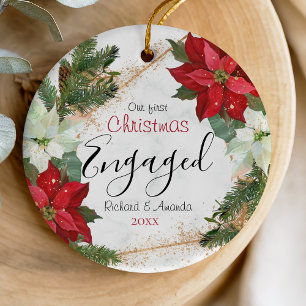 Schattigee eerste Kerst verloving Poinsettia bloem Keramisch Ornament
