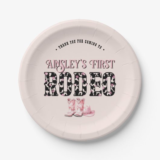 Schattigee eerste Rodeo Roze gepersonaliseerde 1e  Papieren Bordje (Voorkant)