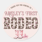 Schattigee eerste Rodeo Roze gepersonaliseerde 1e  Ronde Sticker (Voorkant)