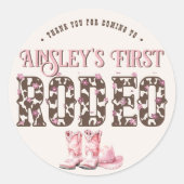 Schattigee eerste Rodeo Roze gepersonaliseerde 1e  Ronde Sticker (Voorkant)