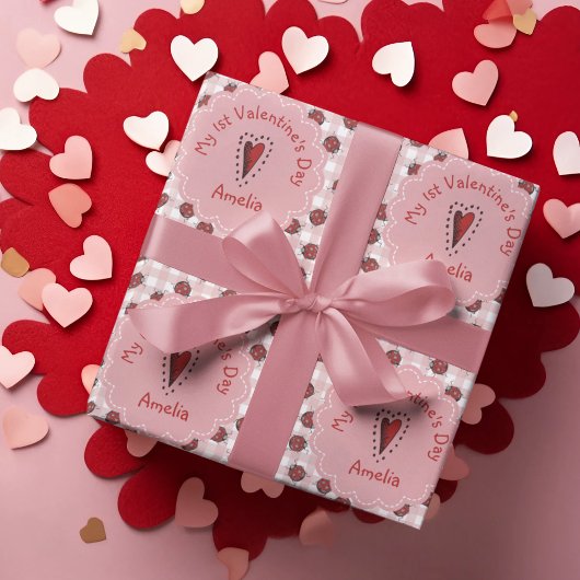 Schattigee eerste Valentijnsdag roze en rode lieve Cadeaupapier