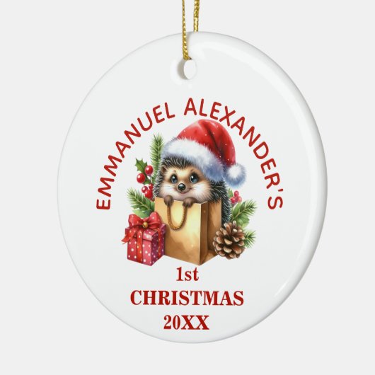 Schattigee egel eerste kerst gepersonaliseerd keramisch ornament (Links)