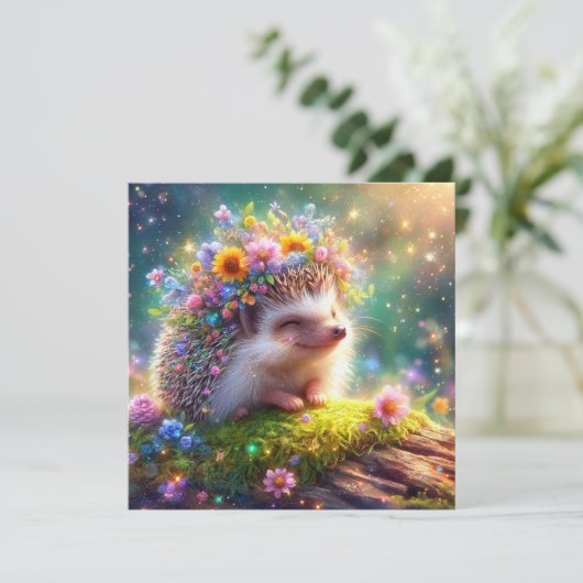 Schattigee egel met bloemenkroonbos Pasen Feestdagenkaart (Staand voorkant)