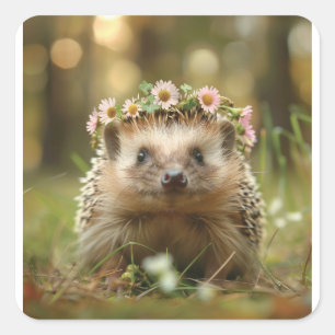 Schattigee egel met een bloemenkroon vierkante sticker
