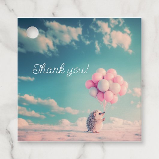 Schattigee egel met verjaardagsballonnen, aanpasba bedankjes labels (Voorkant)