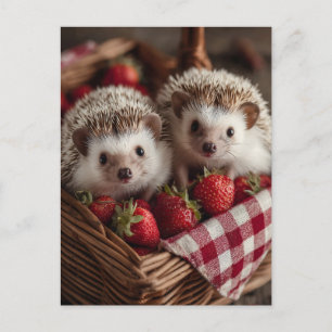 Schattigee egels gluren uit een aardbeienmand feestdagenkaart