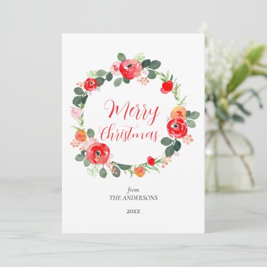 Schattigee Elegante Vrolijke Kerst Bloemenkrans Feestdagenkaart (Staand voorkant)