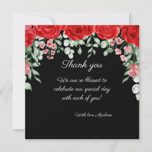 Schattigee elegante zwarte en rode bloemen bruilof bedankkaart (Voorkant)