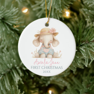 Schattigee Elephant Illustratie Meisje Eerste Kers Keramisch Ornament