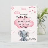 Schattigee Elephant Surprise Baby shower Roze Uitn Kaart (Staand voorkant)
