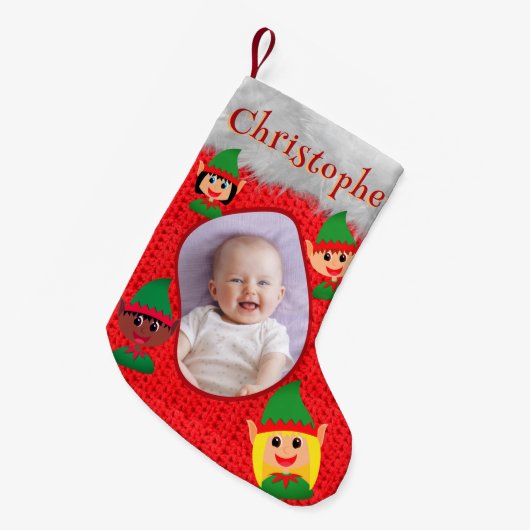 Schattigee ELF Aangepaste Fotonaam Tekst Rode Haak Kleine Kerstsok (Voorkant (Hangend))