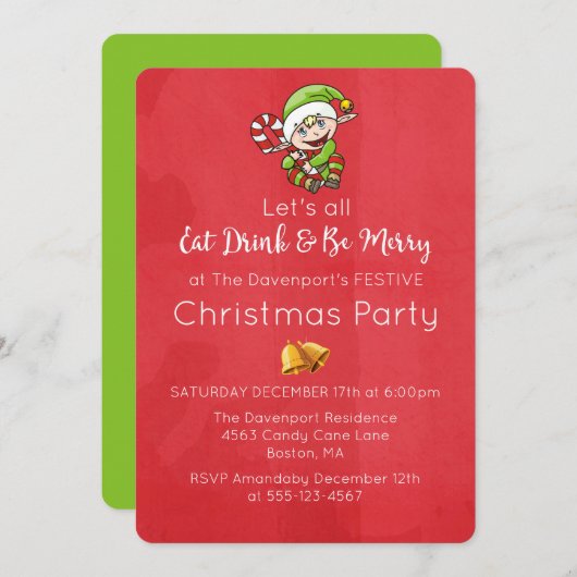Schattigee Elf met kerst Cane kerst uitnodiging (Voorkant / Achterkant)