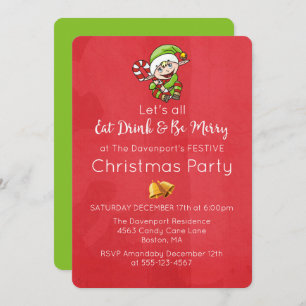 Schattigee Elf met kerst Cane kerst uitnodiging
