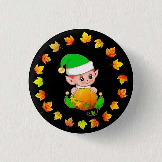 Schattigee Elf met pompoen en herfstbladeren op zw Ronde Button 3,2 Cm (Voorkant)