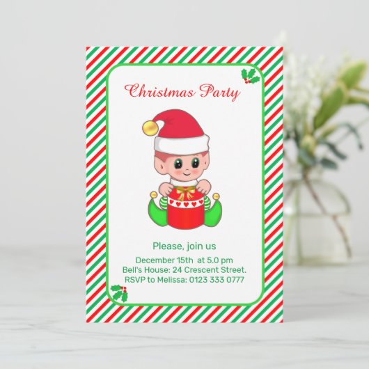 Schattigee Elf op groen, rood gestreept kerstfeest Kaart (Staand voorkant)