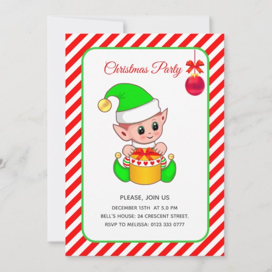 Schattigee Elf op Rood & Wit Kerst Kaart (Voorkant)