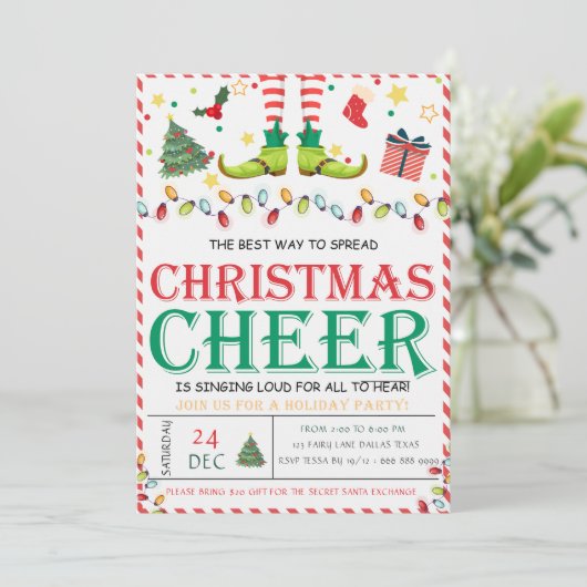 Schattigee Elf Pine TreeChristmas Party Uitnodigin Kaart (Staand voorkant)