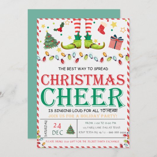 Schattigee Elf Pine TreeChristmas Party Uitnodigin Kaart (Voorkant / Achterkant)