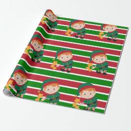 Schattigee Elf Rood en Groene Strepen Kerstmis Cadeaupapier
