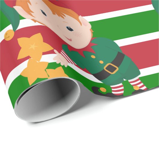Schattigee Elf Rood en Groene Strepen Kerstmis Cadeaupapier (Rol Hoek)