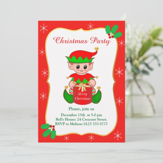 Schattigee Elf & Sneeuwvlokken Kerstfeest Uitnodig Kaart (Staand voorkant)