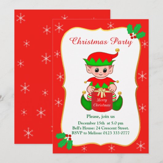 Schattigee Elf & Sneeuwvlokken Kerstfeest Uitnodig Kaart (Voorkant / Achterkant)