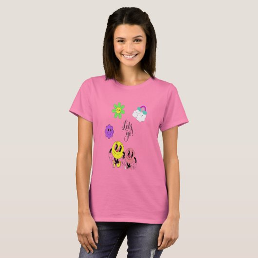 Schattigee Emoji Vrouwen T-shirt – Roze & Blauwe V (Voorkant volledig)