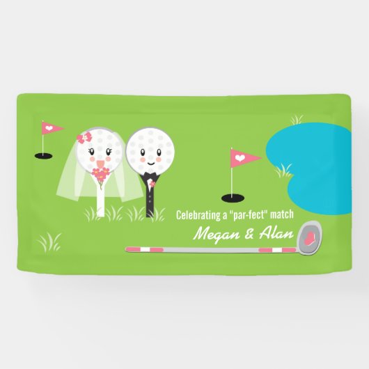 Schattigee en Grappige Golfbal Bruiloft Douche Ban Spandoek (Horizontaal)