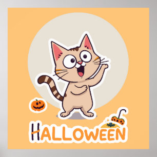 Schattigee en grappige Halloween kat met pompoenen Poster