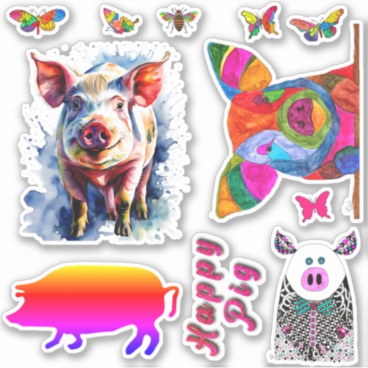 Schattigee en grappige varkens en vlinders Vinyl S Sticker (Voorkant)