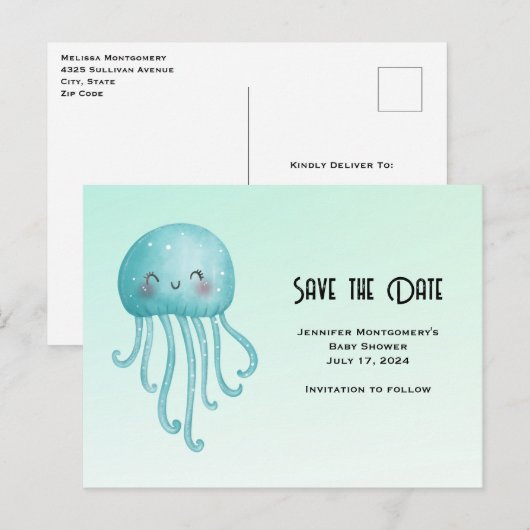 Schattigee en Happy Blue-Green Jellyfish Bewaar de Uitnodiging Briefkaart (Voorkant / Achterkant)