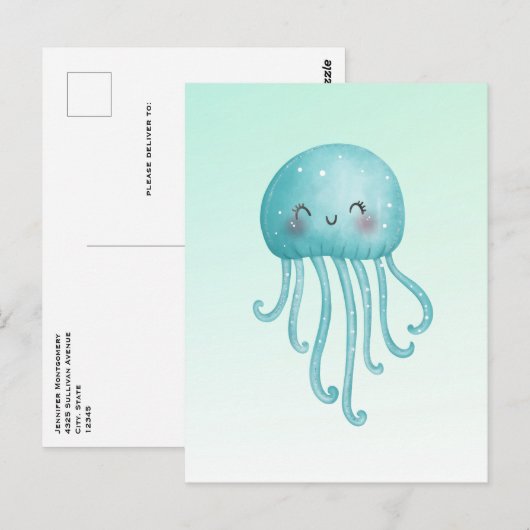 Schattigee en Happy Blue-Green Jellyfish Briefkaart (Voorkant / Achterkant)