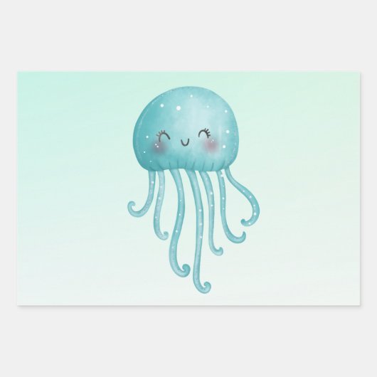 Schattigee en Happy Blue-Green Jellyfish Inpakpapier Vel (Voorkant 3)