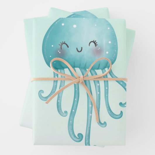 Schattigee en Happy Blue-Green Jellyfish Inpakpapier Vel (In situ)