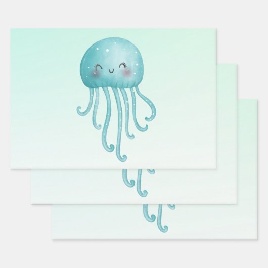 Schattigee en Happy Blue-Green Jellyfish Inpakpapier Vel (Set)