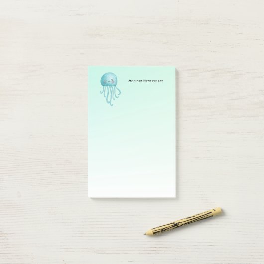 Schattigee en Happy Blue-Green Jellyfish Post-it® Notes (Op bureau)