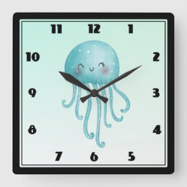 Schattigee en Happy Blue-Green Jellyfish Vierkante Klok
