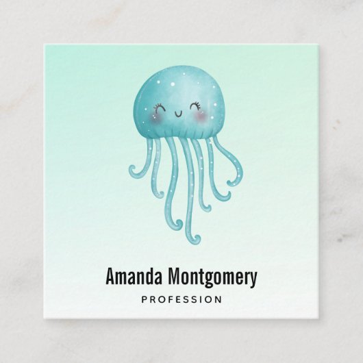 Schattigee en Happy Blue-Green Jellyfish Vierkante Visitekaartje (Voorkant)