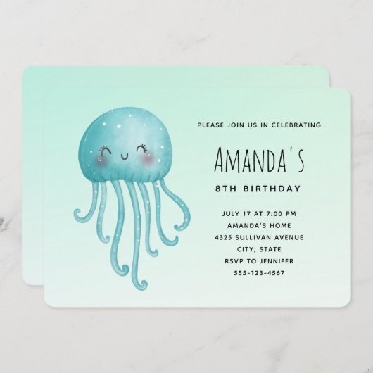 Schattigee en Happy Jellyfish Verjaardag Kaart (Voorkant / Achterkant)