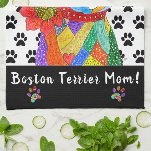 Schattigee en kleurrijke Boston Terrier Mom keuken Theedoek (Gevouwen)