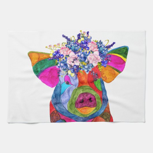 Schattigee en kleurrijke Floral Pig Kitchen Towel Theedoek (Horizontaal)