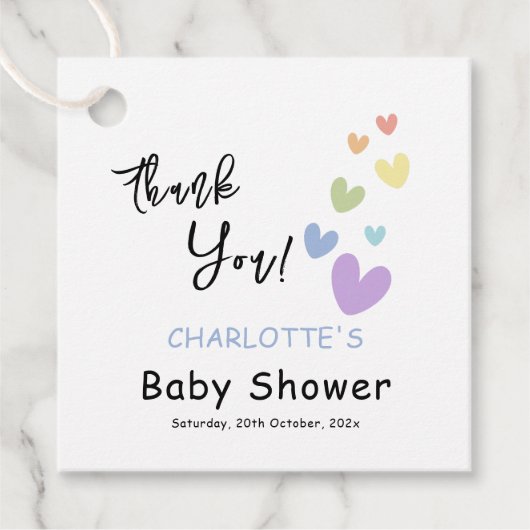 Schattigee en kleurrijke harten Baby shower Bedankjes Labels (Voorkant)