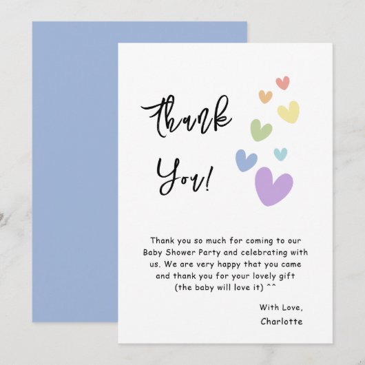 Schattigee en kleurrijke harten Baby shower Bedankkaart (Voorkant / Achterkant)
