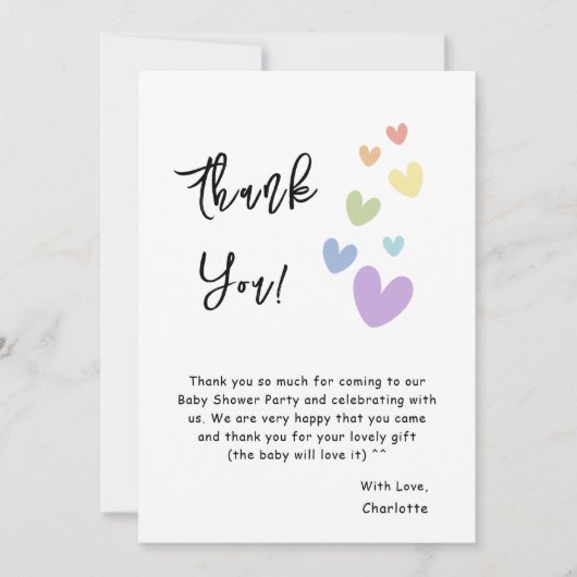Schattigee en kleurrijke harten Baby shower Bedankkaart (Voorkant)