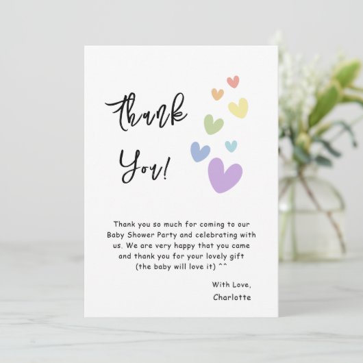 Schattigee en kleurrijke harten Baby shower Bedankkaart (Staand voorkant)