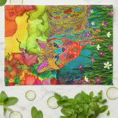 Schattigee en kleurrijke kat en vogel keukenhanddo theedoek (Gevouwen)