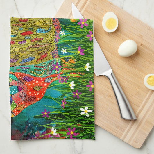 Schattigee en kleurrijke kat en vogel keukenhanddo theedoek (Quarter Fold)