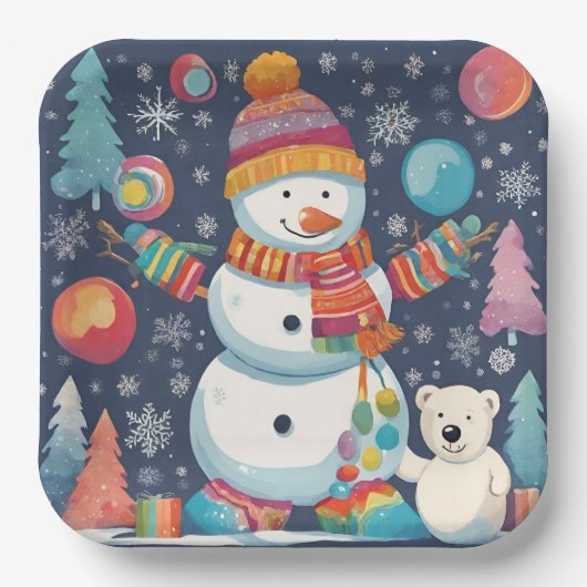 Schattigee en kleurrijke kerst sneeuwman papieren bordje (Voorkant)