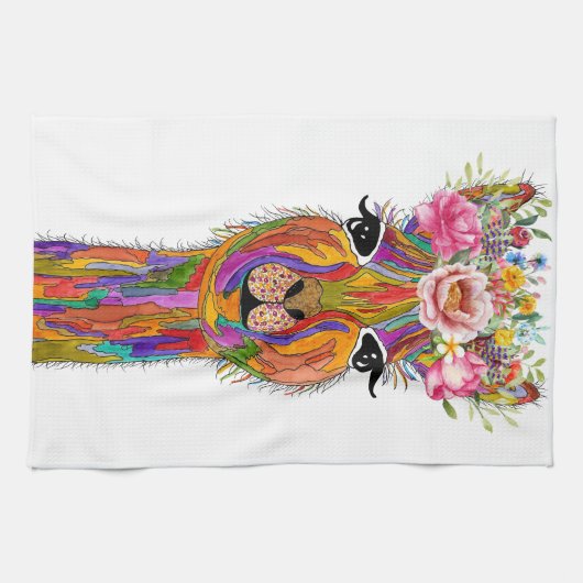 Schattigee en kleurrijke Llama Bloemen Keukenhandd Theedoek (Horizontaal)