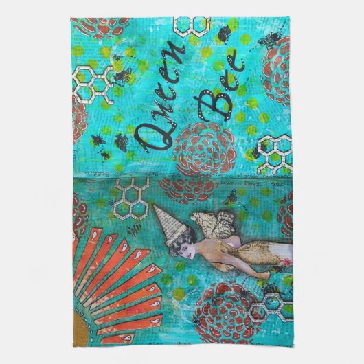 Schattigee en kleurrijke Queen Bee keukenhanddoek (Verticaal)